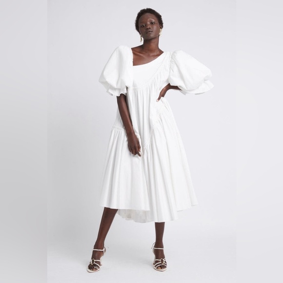 casabianca braided asymmetric puff sleeve midi dress Aje | Dresses | ballet flats Occasion:EVENING Short Sleeves Wedding Dresses Primary color:Baby Blue
